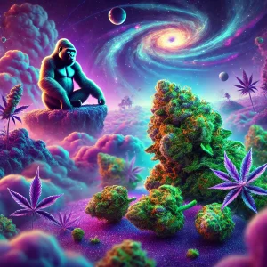 Gorille dans un univers coloré.