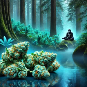 Gorille méditant près de cannabis.