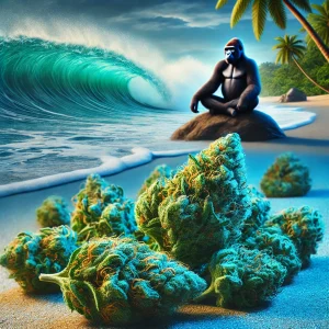 Gorille sur la plage avec cannabis.