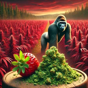 Gorille, fraise et champ de cannabis.