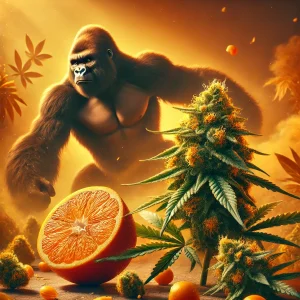 Gorille avec orange et cannabis.