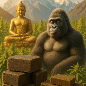 Bouddha, gorille et blocs de cannabis.