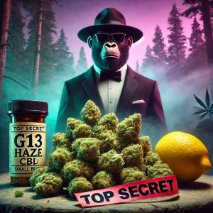 Gorille habillé en smoking d'espion présente la G13 Haze CBD