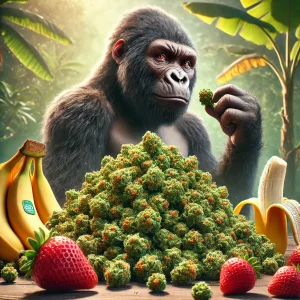 Gorille présentant la strawberry banana smallbud de CBD avec fraises et bananes